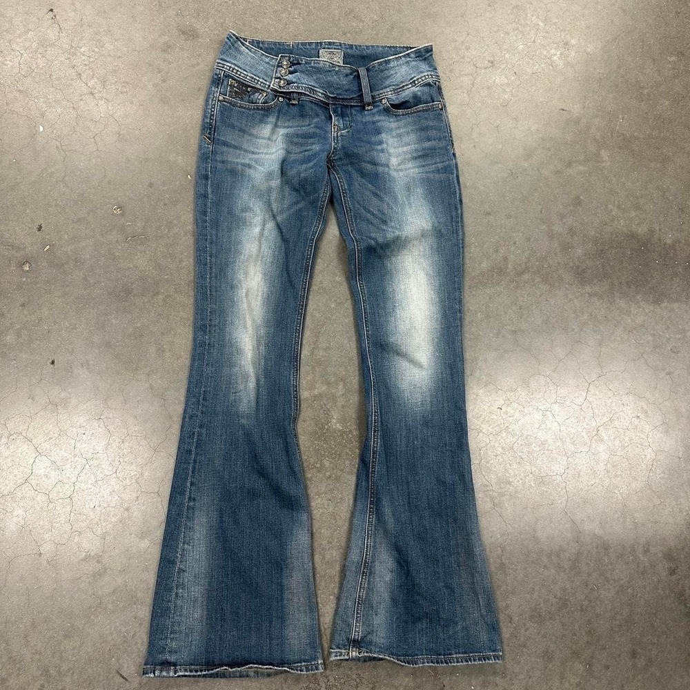 Rerock Low rise faded dark blue wash flare jeans with button waist Sz 32x33